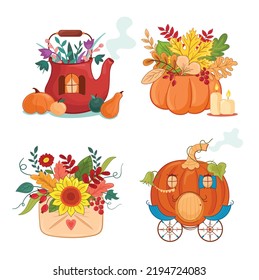 Vector illustration autumn set with boots, chariot, kettle, pumpkin, sunflower, coach, vegetables