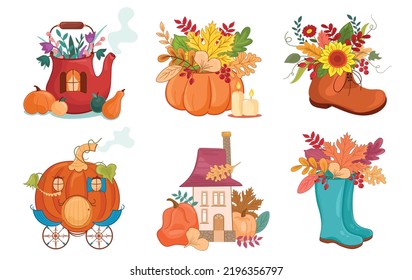 Herbstset für Vektorgrafik mit Stiefeln, Wagen, Wasserkocher, Kürbis, Kürbis, Sonnenblume, Coach, Gemüse, Schuh