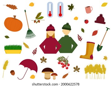 Vector illustration of autumn set consists of people, leaves, umbrella, rubber boots, mushrooms, branches, rowan, ear, cup with coffee