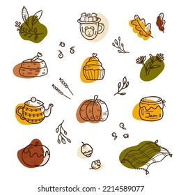 Vector illustration of autumn set with cute elements and color spots,
doodle hand drawn, on the white background