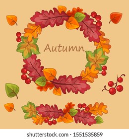 Vector illustration of autumn set of leafs and viburnum on light background