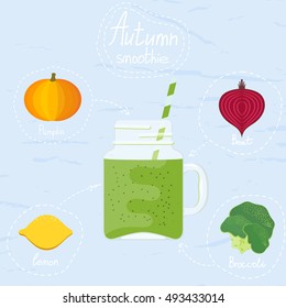 Vector illustration of autumn smoothies. Glass cup with drinking straw on a blue background. Smoothies with beetroot, pumpkin, broccoli and lemon. Autumn vitamin drink. Flat style