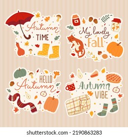 Vector illustration autumn stickers with cute seasonal elements and lettering.Cute doodle style. Cozy autumn concept stickers for planners, diaries, scrapbooking