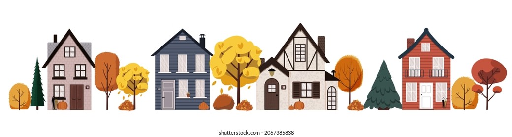 Vector illustration of autumn street. Urban landscape with cute houses, trees and pumpkins. Flat buildings isolated on white background. 