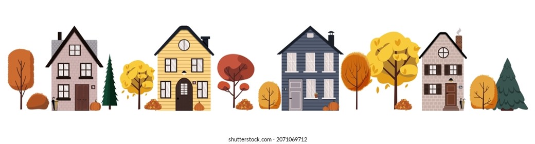 Vector illustration of autumn street. Urban landscape with cute houses, trees and pumpkins. Flat buildings isolated on white background. 