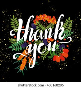 vector illustration. autumn or summer scenery with sea-buckthorn berries, goji, mulberry, rowan. beautiful lettering. thank you.
