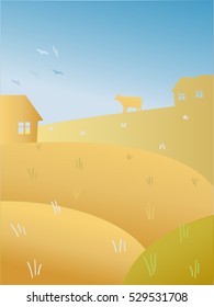 Vector illustration: Autumn summer sunshine landscape with fields, farm, country