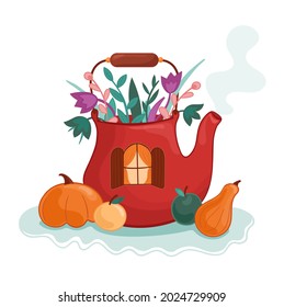 Vector illustration autumn teapot with plants, flowers, pumpkin on an openwork napkin