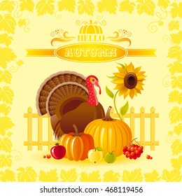 Vector illustration of autumn thanksgiving greeting card with holiday symbols on sunny background - turkey bird, pumpkin, sunflower and vineyard leafs frame. Modern elegant seasonal still life.
