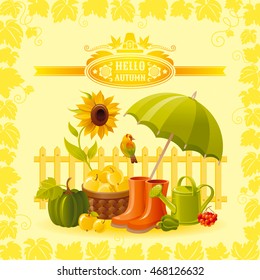 Vector illustration of autumn thanksgiving greeting card with holiday symbols on sunny background - pumpkin, umbrella parasol, rubber shoes, watering can, vineyard, modern elegant seasonal frame.