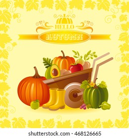 Vector illustration of autumn thanksgiving greeting card with farm gardening symbols on sunny background - wheelbarrow with pumpkin, fruit and vegetable, rubber shoes, modern elegant seasonal frame.