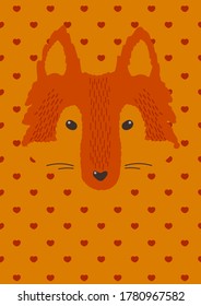 Vector illustration in autumn theme with a fox on the background of an ornament of hearts in orange