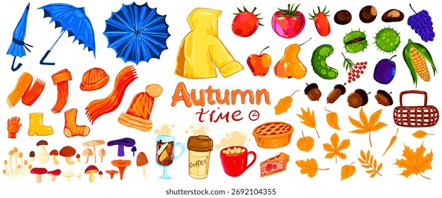 Vector illustration of autumn time set with clothes, mushrooms, fruits, leaves, acorns, warm drinks and seasonal elements. Hand drawn cozy fall collection isolated on white background.