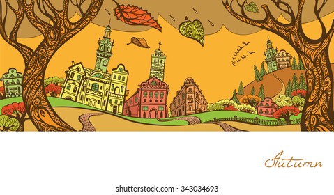 Vector illustration. Autumn town. Graphic drawing by hand. Decorative card.