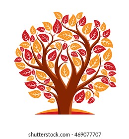 Vector illustration of autumn tree with branches in the shape of heart, love and motherhood idea image. Tree of life theme illustration.