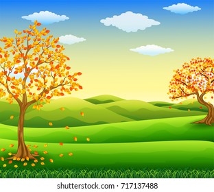 Vector illustration of Autumn tree with falling leaves