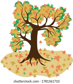 Vector illustration Autumn tree on a white background. Maple sheds foliage. Bright autumn colors, yellow, orange, red leaves.