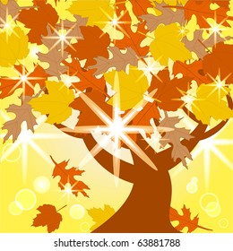 vector illustration of the autumn tree on sunny background with the flashing stars. eps10