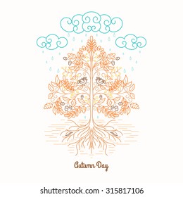 Vector illustration. Autumn tree in the rain. Decorative leaves, birds and soil.