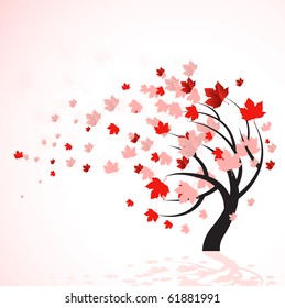 A vector illustration of a autumn tree with red leaves blowing in the wind.