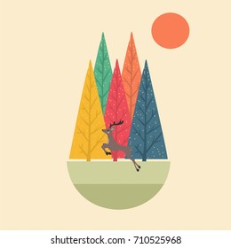 Vector illustration. Autumn trees and deer. Cute print.