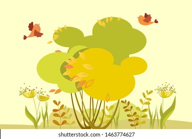 Vector illustration with autumn trees, leaves, grass and birds for children.