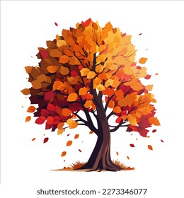 Vector illustration of autumn trees, trees with leaves in orange tones with falling leaves on a white background