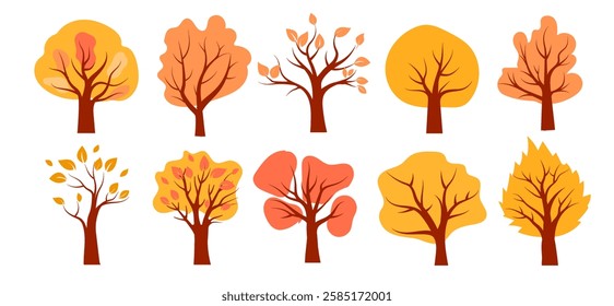 Vector illustration of autumn trees showcasing vibrant foliage in a variety of shapes and sizes