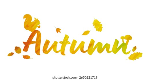 Ilustração vetorial de um logotipo tipográfico de outono com folhas caindo, um esquilo e bolotas.