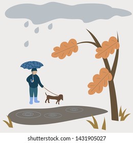 Vector illustration of autumn.Boy walking with dog.Rainy weather.