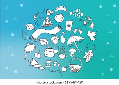 Vector illustration of autumn and winter objects, fruits and herbs. Invitation card. White icons on blue gradient background with glare and snowflakes. 