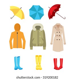 Vector illustration of autumn winter outerwear, umbrellas and rubber boots. Classical coat, jacket, windbreaker