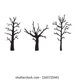Vector illustration.  Autumn or winter set of naked trees without leaves isolated on white. Hand drawn doodle clipart.