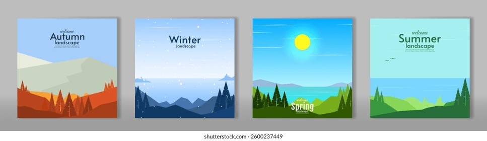 Vector illustration. Autumn, winter, spring and summer. Set of abstract season landscape card. Flat style design nature.