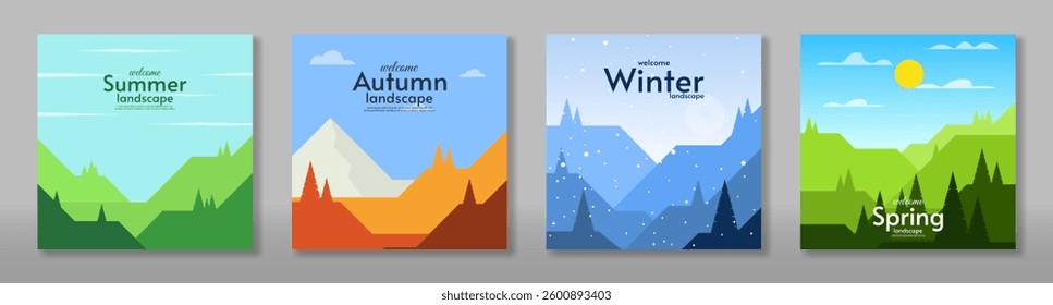 Vector illustration. Autumn, winter, spring and summer. Set of abstract season landscape card. Flat style design nature.