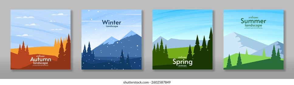 Vector illustration. Autumn, winter, spring and summer. Set of abstract season landscape card. Flat style design nature.