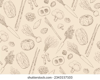 Vector illustration of autumn and winter vegetables pattern drawing by pen