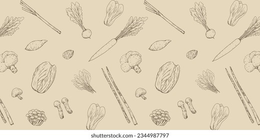 Vector illustration of autumn and winter vegetables pattern drawing by pen