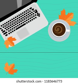 Vector illustration. Autumn workplace. Laptop, coffee and yellow leaves on a wooden background