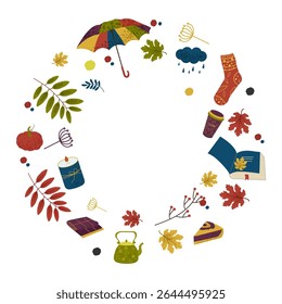 Vector illustration of an autumn wreath composed of seasonal elements: colorful leaves, umbrella, pumpkin, candle, tea kettle, cozy socks, coffee cup, book, and pie. Perfect for fall-themed designs.