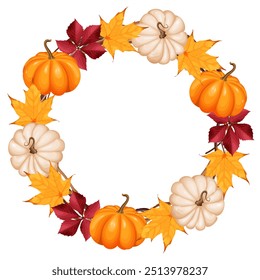 A vector illustration of an autumn wreath with orange and white pumpkins, yellow maple leaves, and red foliage. Perfect for seasonal designs, fall decor, Thanksgiving, and holiday-themed projects.