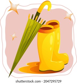 vector illustration autumn yellow rubber boots with green umbrella