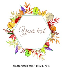 Vector illustration. Autumnal frame. Polygonal frame. Autumn leaves, mountain ash, branches.