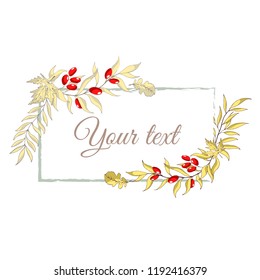 Vector illustration. Autumnal frame. Rectangle frame. Autumn leaves, mountain ash, branches.