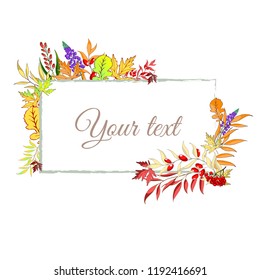Vector illustration. Autumnal frame. Rectangle frame. Autumn leaves, mountain ash, branches.