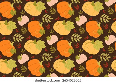 Ilustração vetorial de um padrão sem emenda inspirado no outono com abóboras, folhas em um fundo escuro. Ideal para projetos sazonais e projetos temáticos de outono.