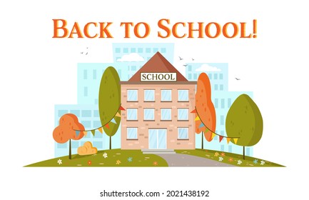 Vector illustration of an autums landscape with a school, trees, and buildings in the background.