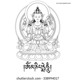 Vector illustration with  Avalokiteshvara and mantra OM MANI PADME HUM.  Bodhisattva who embodies the compassion of all Buddhas. A symbol of the Tibetan Buddhism. Buddha. Black and white design.