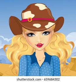 Vector illustration of avatar cute blonde girl in cowboy hat