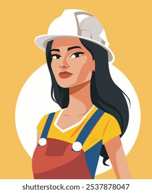 Ilustração vetorial de um avatar sobre o tema da profissão, uma mulher construtora em um capacete. Igualdade de gênero